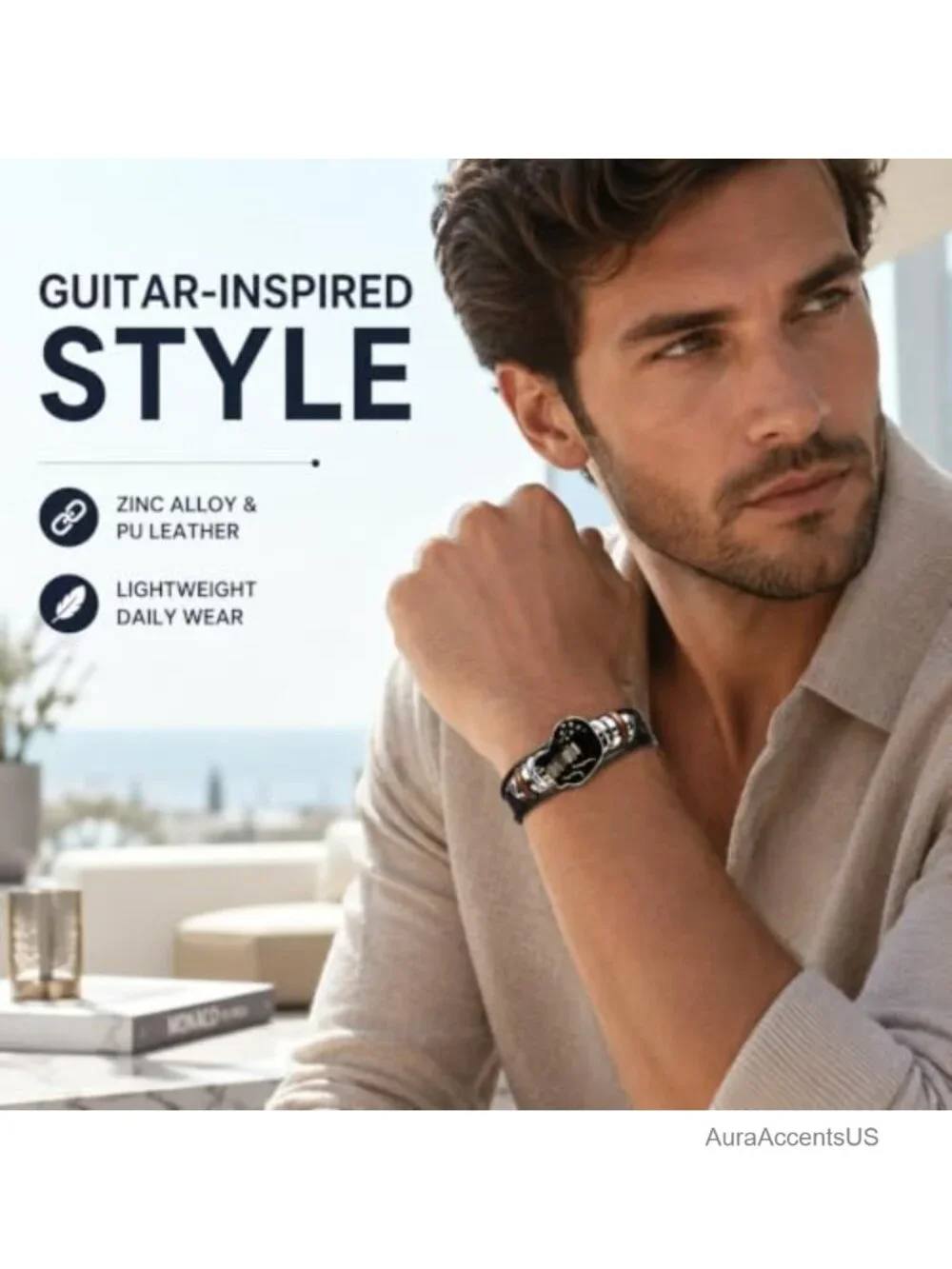 Multilayer Leather Bracelet with Guitar Charm for Men Women Unisex Music Rock